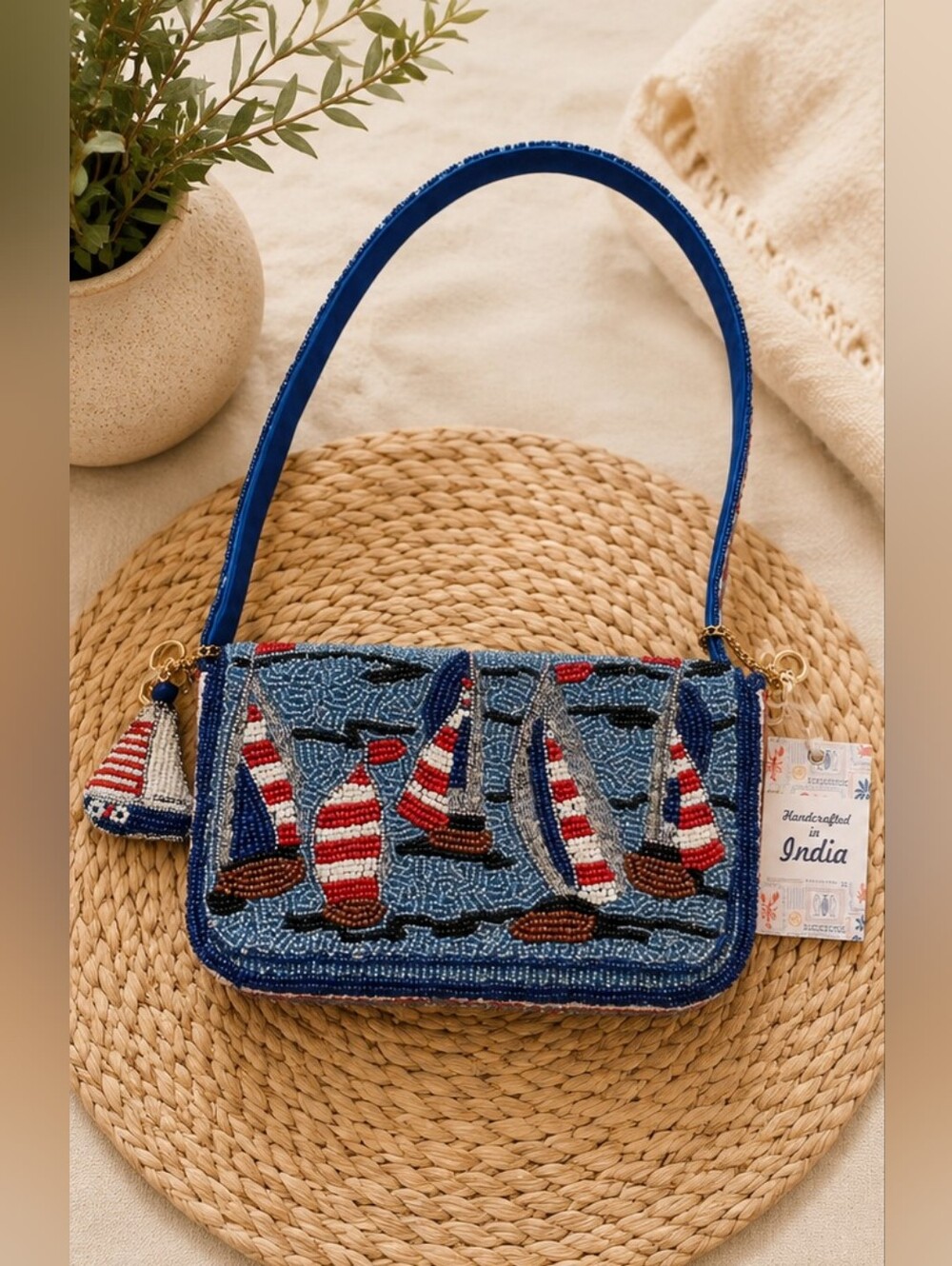Handcrafted In India Beaded Sailboat Shoulder Bag in Red White & Blue New